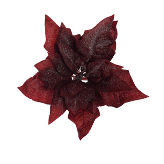 FROSTED POINSETTIA ON CLIP 14CM BURGUNDY